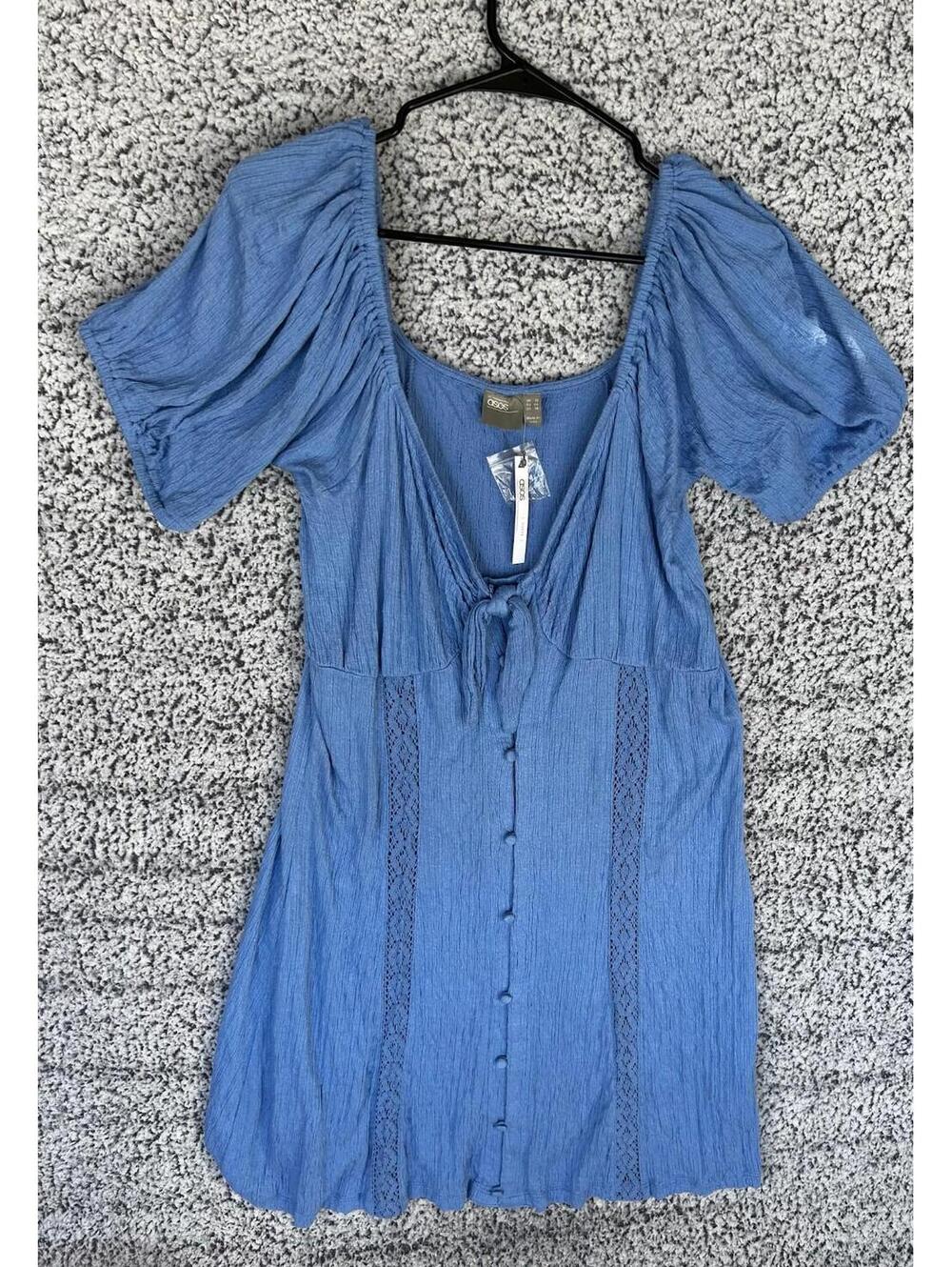 ASOS Curve Blue Puff Sleeve Button Front Top US 14 NWT